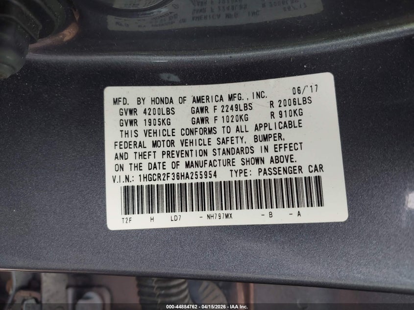 2017 Honda Accord Lx VIN: 1HGCR2F36HA255954 Lot: 44884762