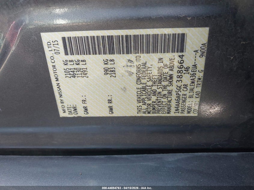 2016 Nissan Maxima 3.5 Sl VIN: 1N4AA6AP5GC388664 Lot: 44884763