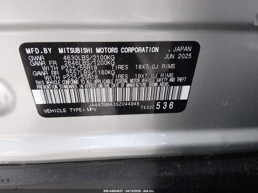 2025 Mitsubishi Eclipse Cross Black Edition S-Awc/Se S-Awc/Sel S-Awc VIN: JA4ATWAA3SZ044945 Lot: 44884837