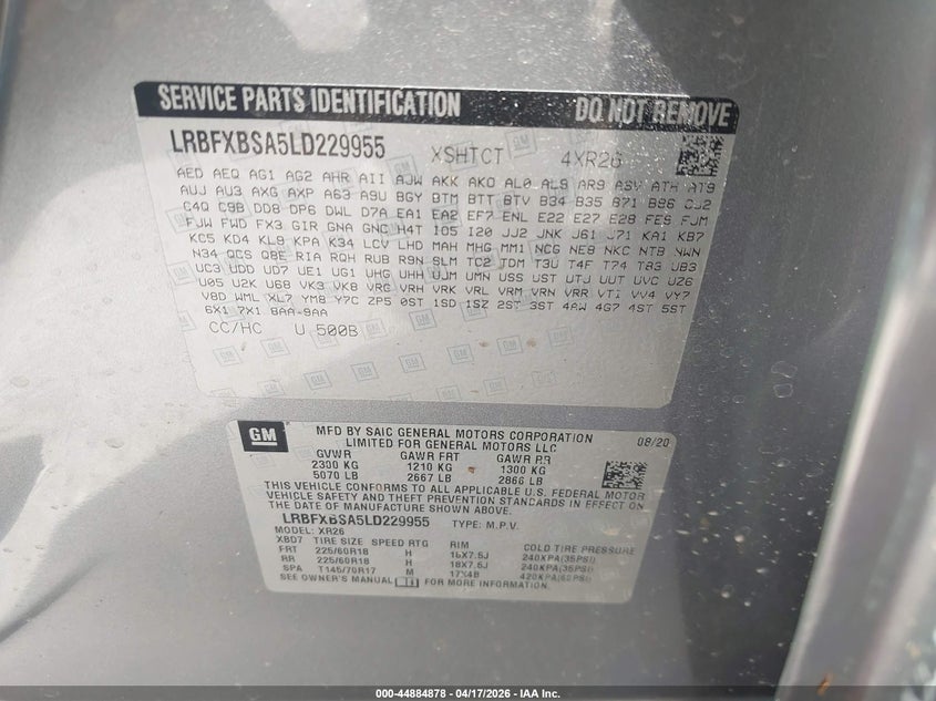 BUICK ENVISION 2020 VIN LRBFXBSA5LD229955