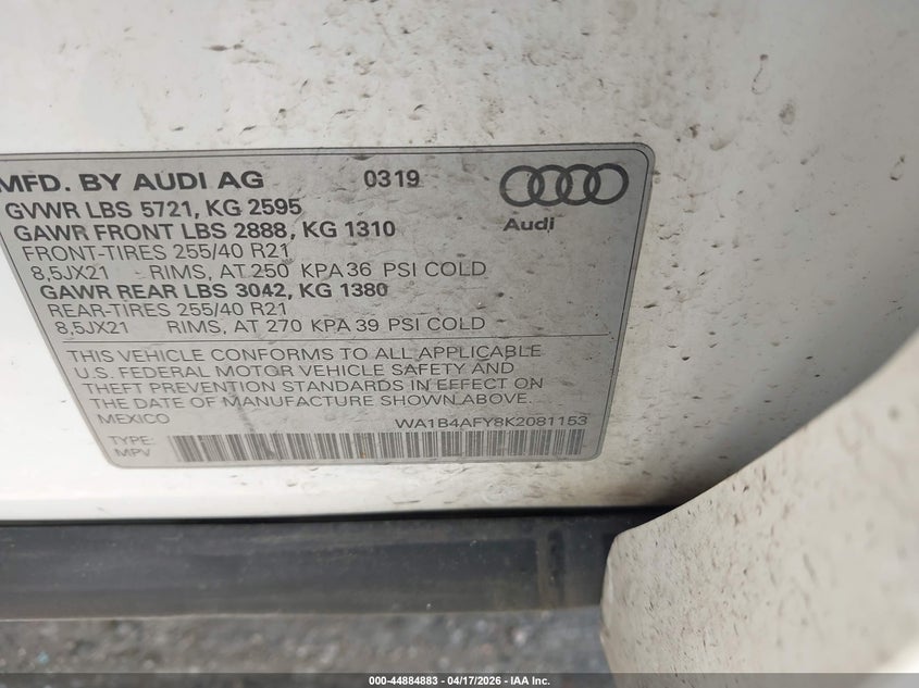 2019 Audi Sq5 3.0T Premium VIN: WA1B4AFY8K2081153 Lot: 44884883