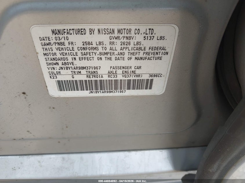 2011 Infiniti M37X VIN: JN1BY1AR9BM371967 Lot: 44884892