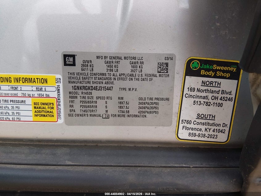 2014 Chevrolet Traverse 1Lt VIN: 1GNKRGKD4EJ315447 Lot: 44884902