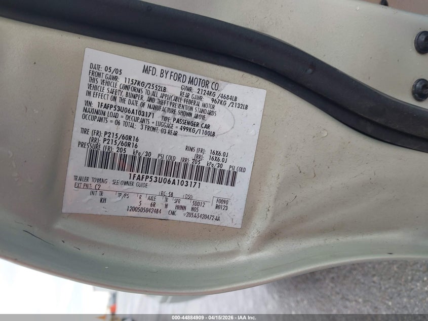2006 Ford Taurus Se VIN: 1FAFP53U06A103171 Lot: 44884909