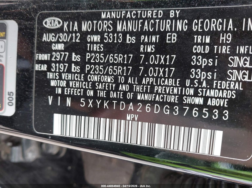 2013 Kia Sorento Lx V6 VIN: 5XYKTDA26DG376533 Lot: 44884940