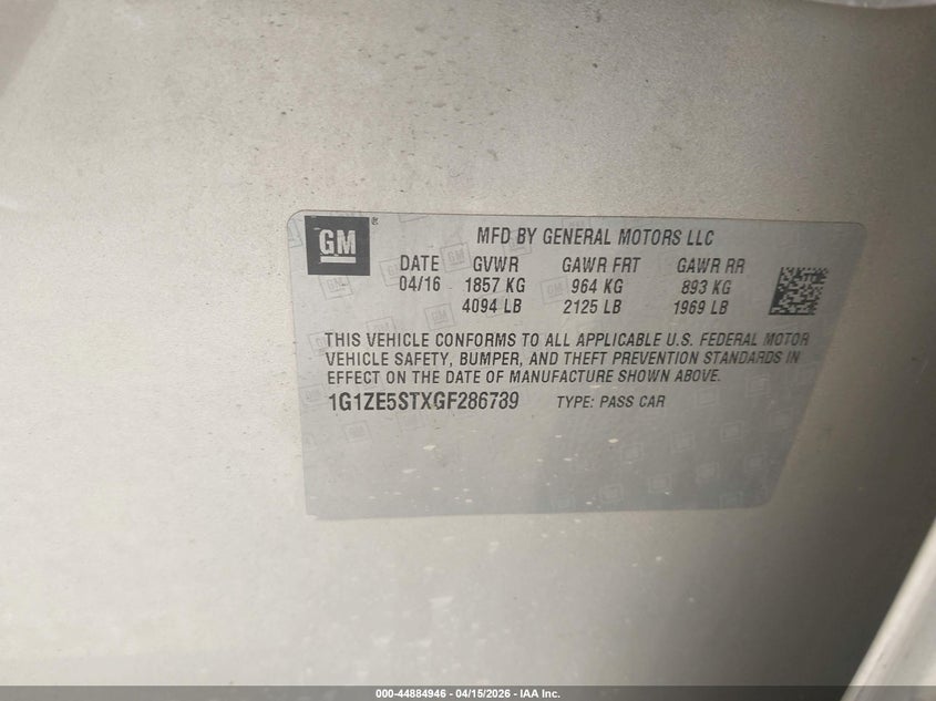 2016 Chevrolet Malibu 1Lt VIN: 1G1ZE5STXGF286789 Lot: 44884946