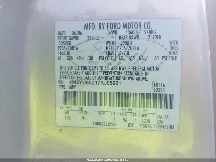 2007 Mercury Mariner Convenience VIN: 4M2YU80Z17KJ05921 Lot: 44884952