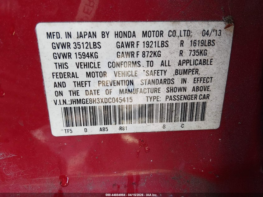 2013 Honda Fit VIN: JHMGE8H3XDC045415 Lot: 44884984