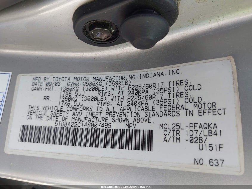 2004 Toyota Sienna Xle VIN: 5TDBA22C14S007499 Lot: 44885006