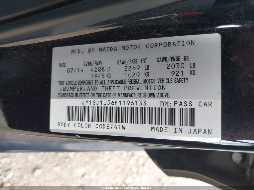 2015 Mazda Mazda6 I Sport VIN: JM1GJ1U56F1196133 Lot: 44885032