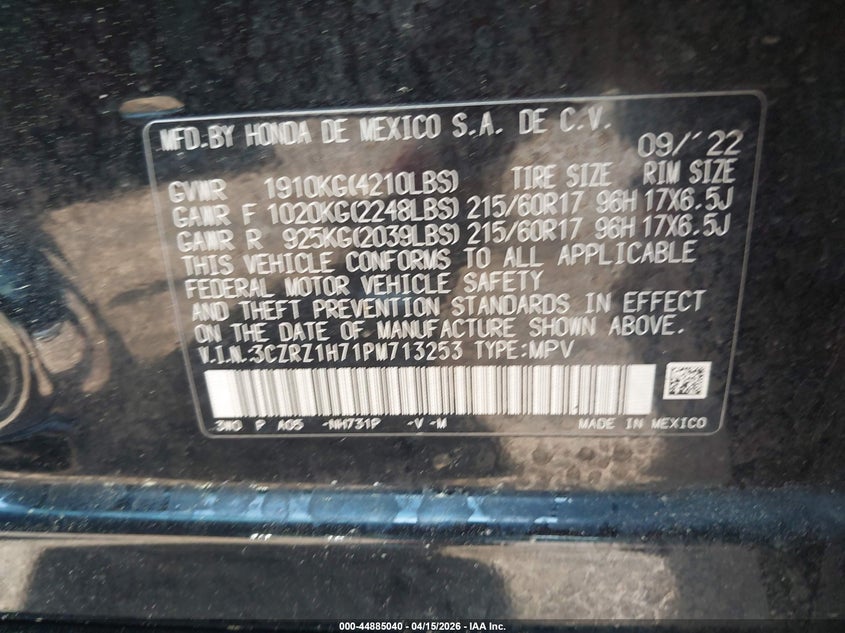 2023 Honda Hr-V 2Wd Ex-L VIN: 3CZRZ1H71PM713253 Lot: 44885040