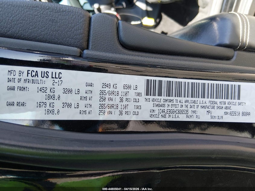 2017 Jeep Grand Cherokee VIN: 01C4RJBG6HC826535 Lot: 44885041