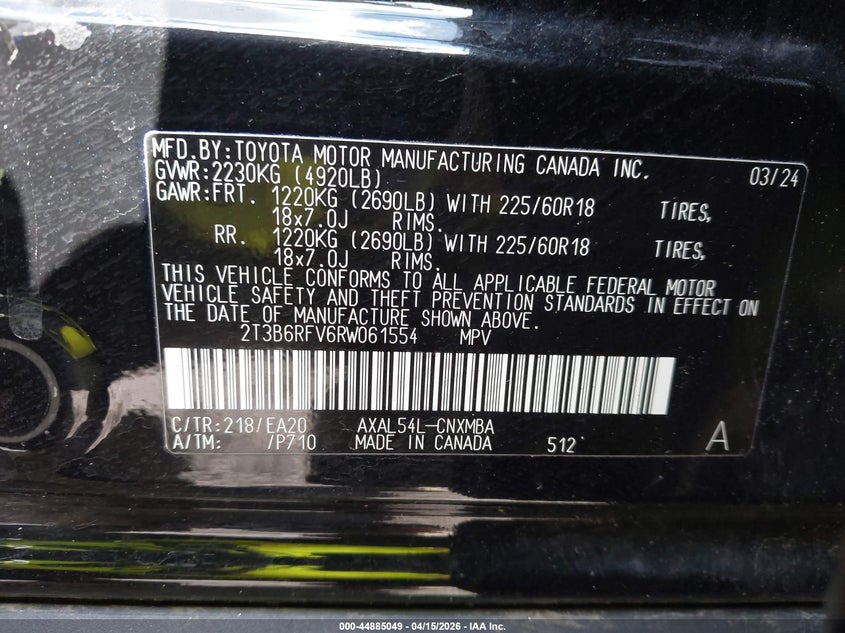 2024 Toyota Rav4 Hybrid Xle Premium VIN: 2T3B6RFV6RW061554 Lot: 44885049