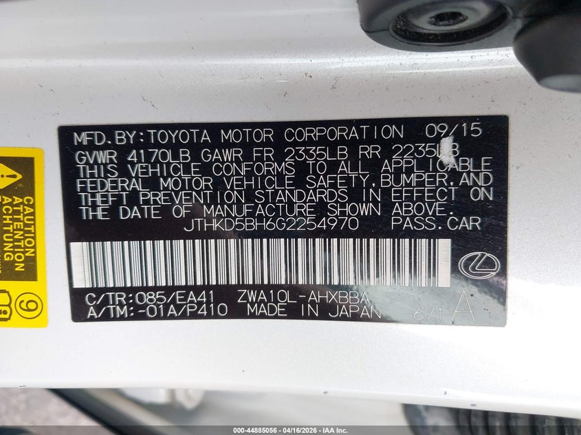 2016 Lexus Ct 200H VIN: JTHKD5BH6G2254970 Lot: 44885056