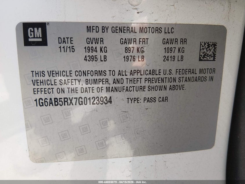 2016 Cadillac Ats Luxury Collection VIN: 1G6AB5RX7G0123934 Lot: 44885079