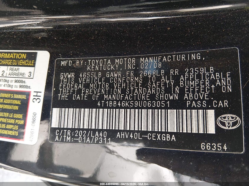 2009 Toyota Camry Hybrid VIN: 4T1BB46K59U063051 Lot: 44885095