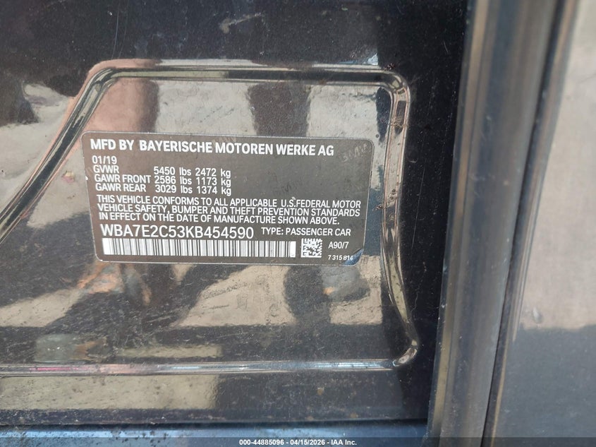 2019 BMW 740I VIN: WBA7E2C53KB454590 Lot: 44885096