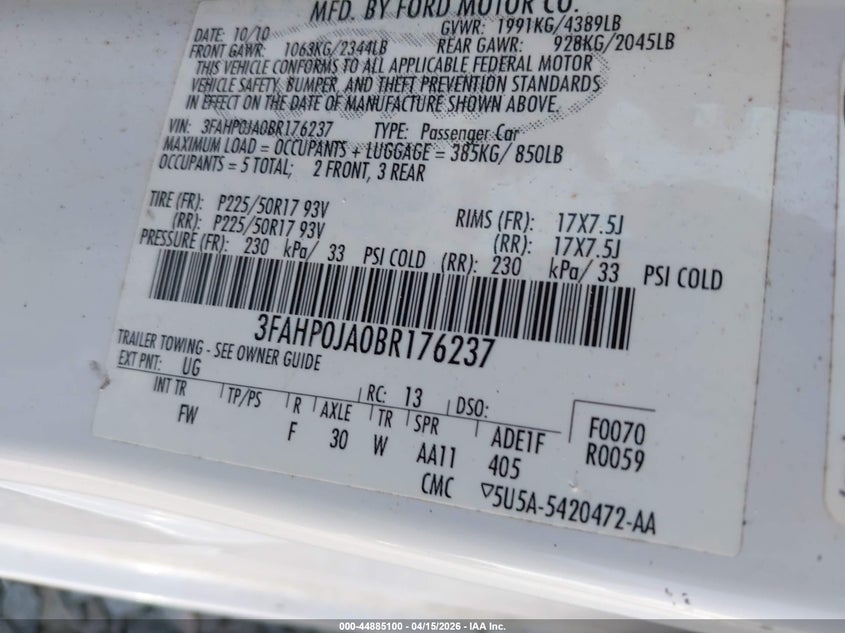 2011 Ford Fusion Sel VIN: 3FAHP0JA0BR176237 Lot: 44885100