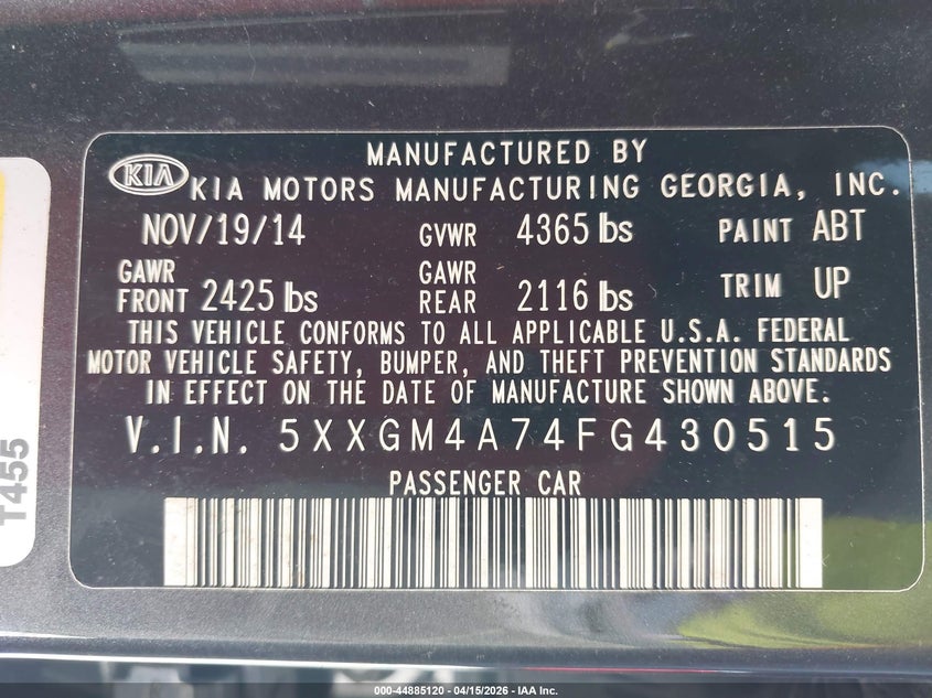 2015 Kia Optima Lx VIN: 5XXGM4A74FG430515 Lot: 44885120