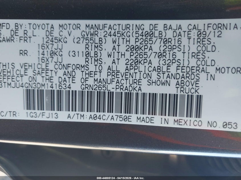 2013 Toyota Tacoma Prerunner V6 VIN: 3TMJU4GN3DM141634 Lot: 44885124