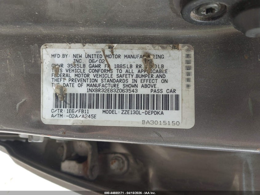 2003 Toyota Corolla Ce VIN: 1NXBR32E83Z063543 Lot: 44885171