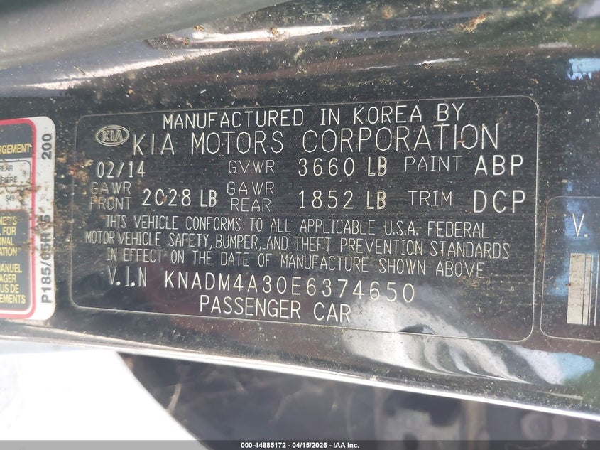 2014 Kia Rio Lx VIN: KNADM4A30E6374650 Lot: 44885172