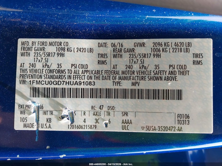 2017 Ford Escape Se VIN: 1FMCU0GD7HUA91083 Lot: 44885200