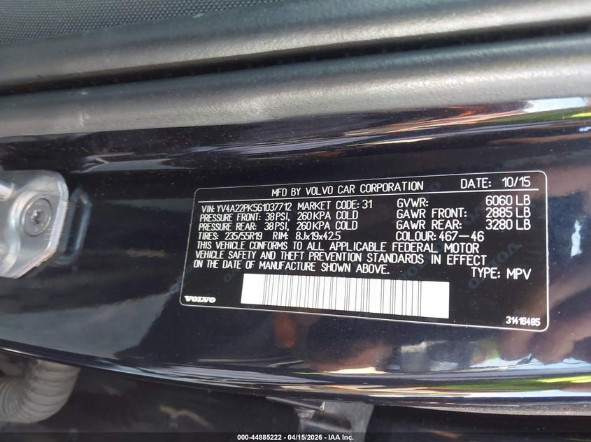 2016 Volvo Xc90 T6 Momentum VIN: YV4A22PK5G1037712 Lot: 44885222