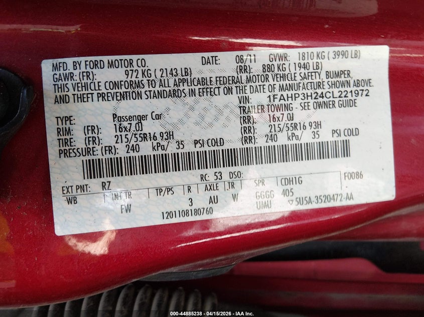 2012 Ford Focus Sel VIN: 1FAHP3H24CL221972 Lot: 44885238