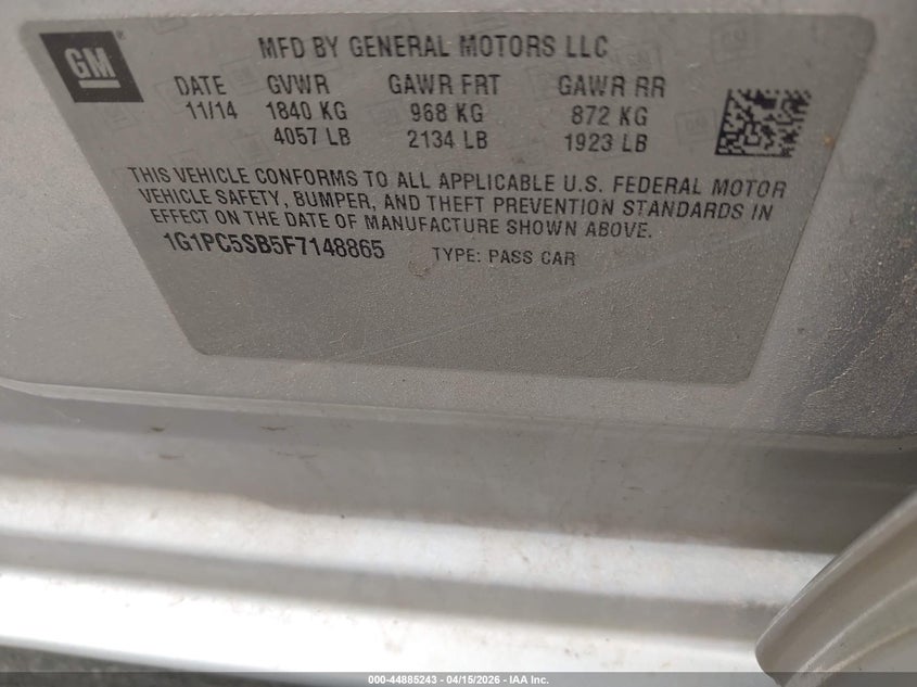 2015 Chevrolet Cruze 1Lt Auto VIN: 1G1PC5SB5F7148865 Lot: 44885243