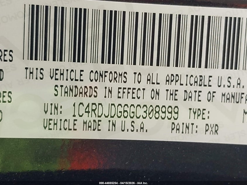 2016 Dodge Durango Limited VIN: 1C4RDJDG6GC308999 Lot: 44885254