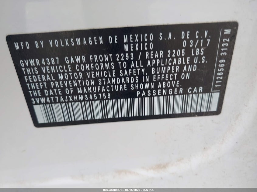 2017 Volkswagen Jetta Gli VIN: 3VW4T7AJXHM345759 Lot: 44885278