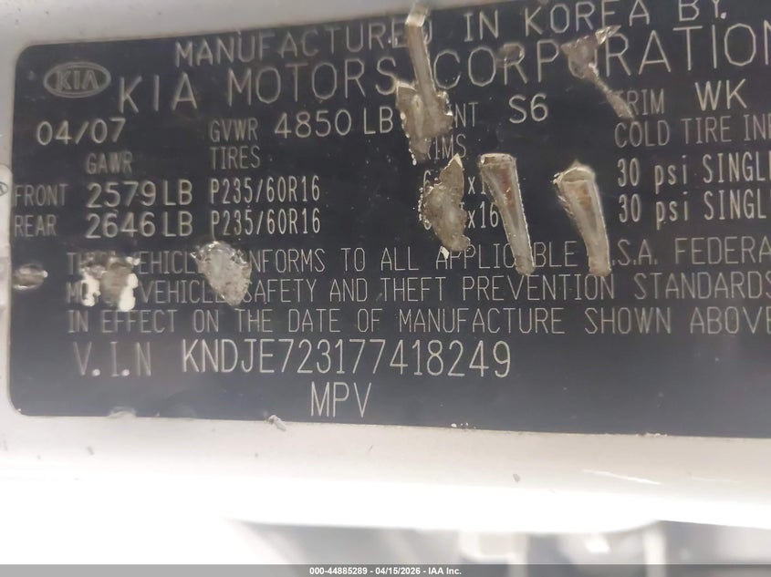 2007 Kia Sportage Ex V6 VIN: KNDJE723177418249 Lot: 44885289