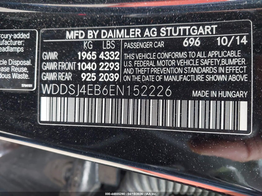 2014 Mercedes-Benz Cla 250 VIN: WDDSJ4EB6EN152226 Lot: 44885290