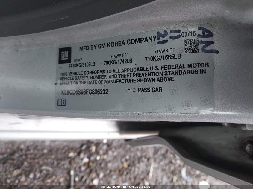 2015 Chevrolet Spark 1Lt Cvt VIN: KL8CD6S96FC806232 Lot: 44885291