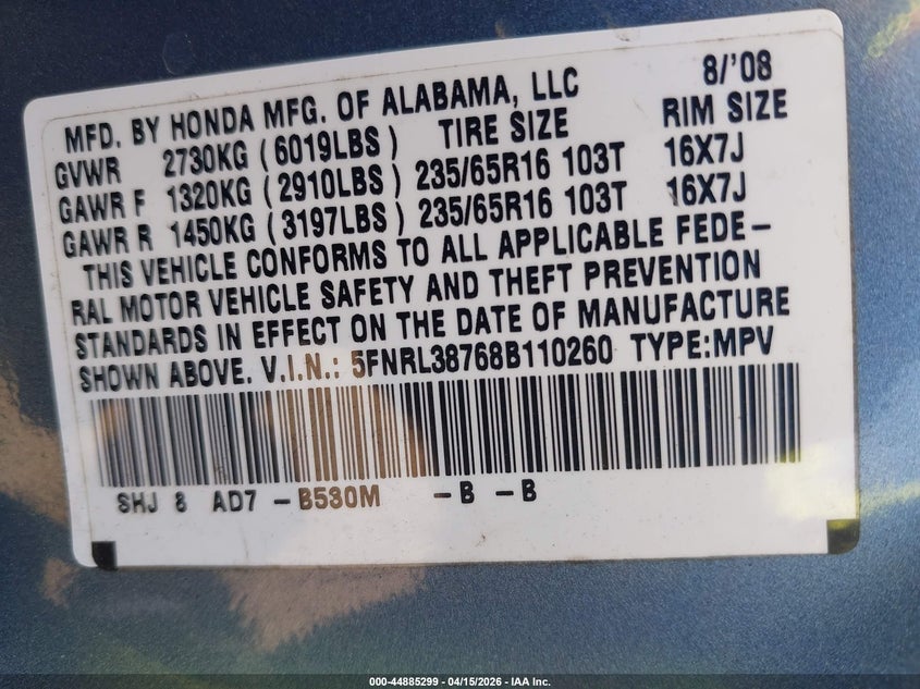 2008 Honda Odyssey Ex-L VIN: 5FNRL38768B110260 Lot: 44885299
