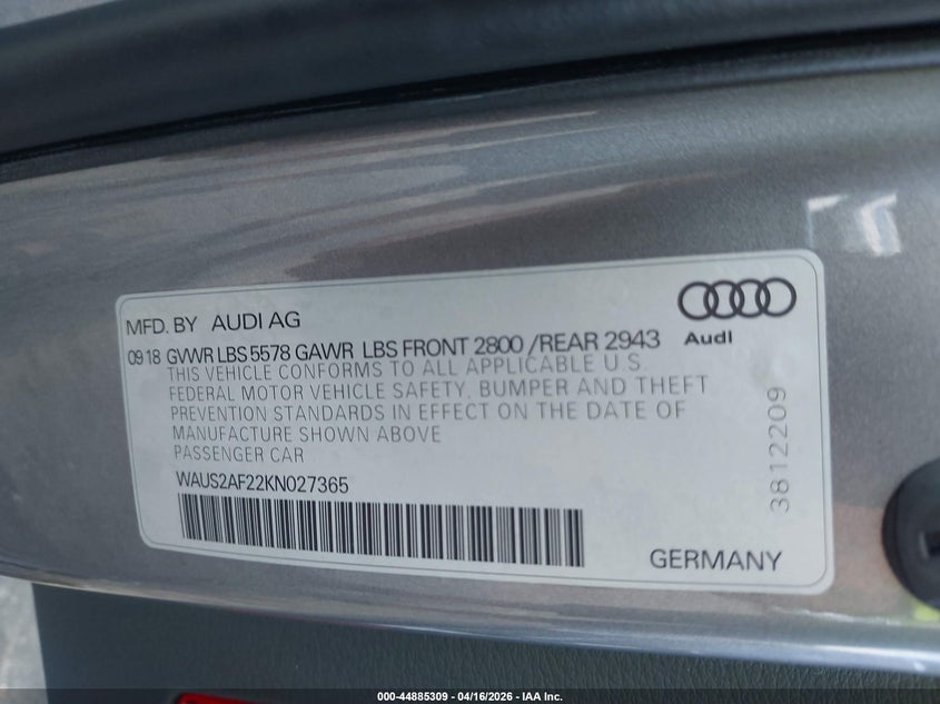 2019 Audi A7 55 Premium VIN: WAUS2AF22KN027365 Lot: 44885309