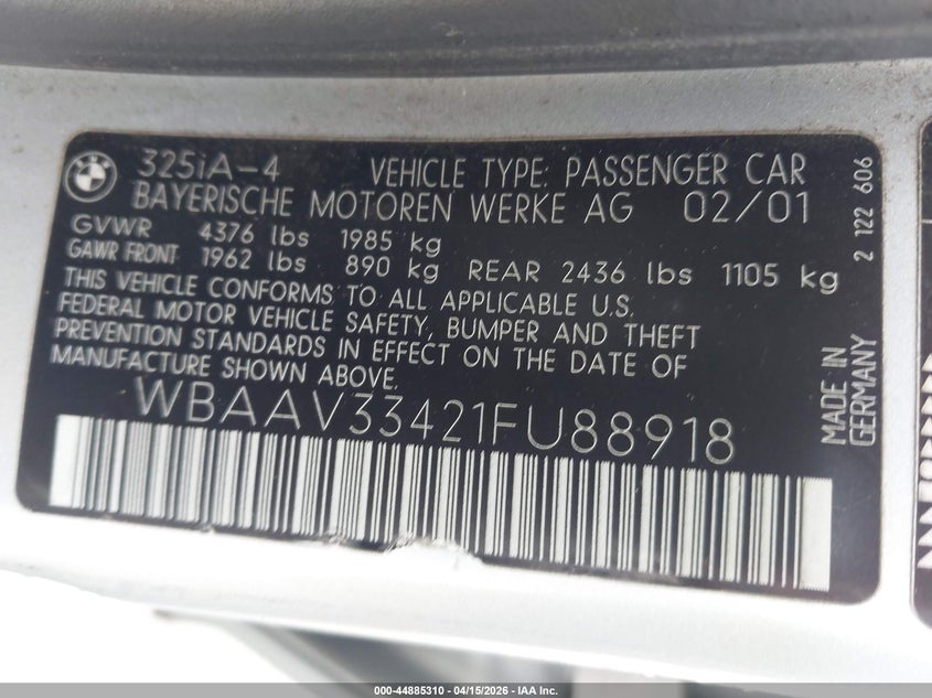 2001 BMW 325I VIN: WBAAV33421FU88918 Lot: 44885310