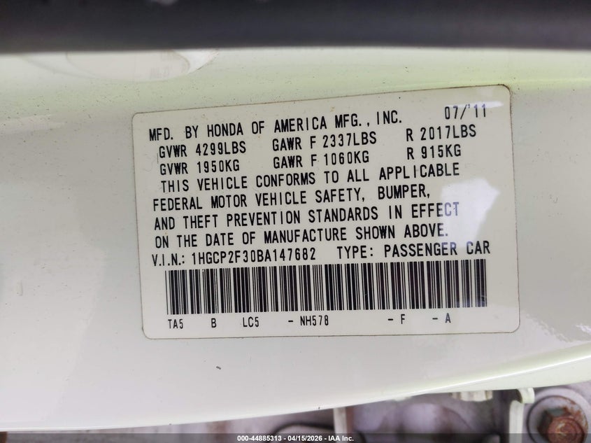 2011 Honda Accord 2.4 Lx VIN: 1HGCP2F30BA147682 Lot: 44885313