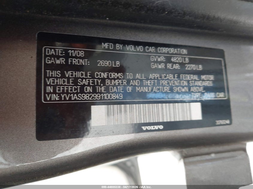 2009 Volvo S80 3.2 VIN: YV1AS982991100849 Lot: 44885338