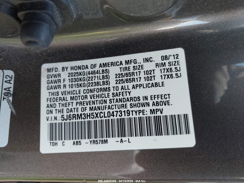 2012 Honda Cr-V Ex VIN: 5J6RM3H5XCL047319 Lot: 44885366