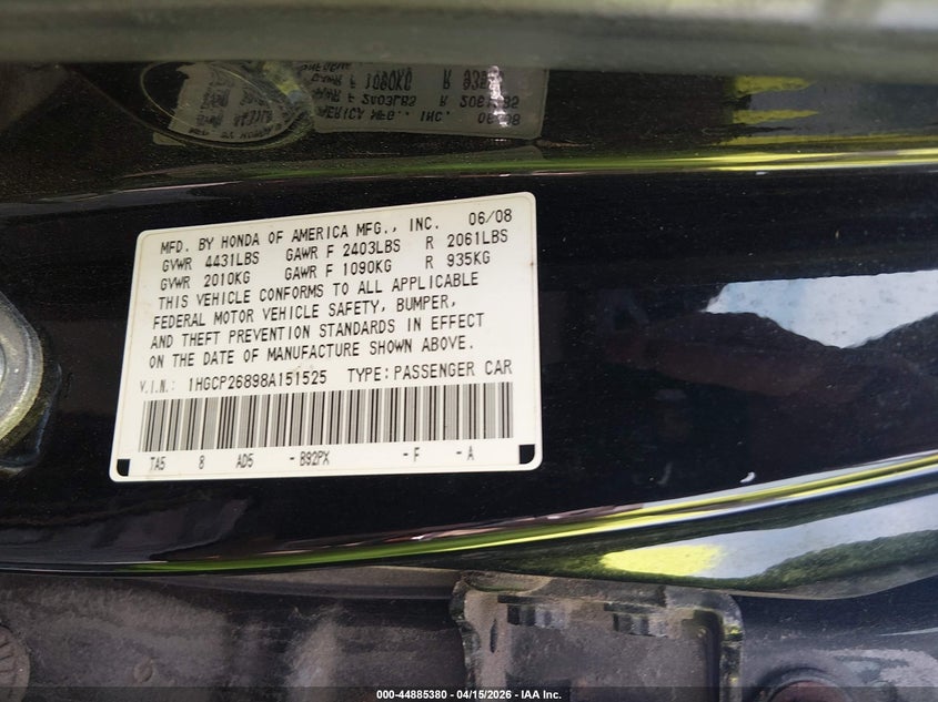 2008 Honda Accord 2.4 Ex-L VIN: 1HGCP26898A151525 Lot: 44885380