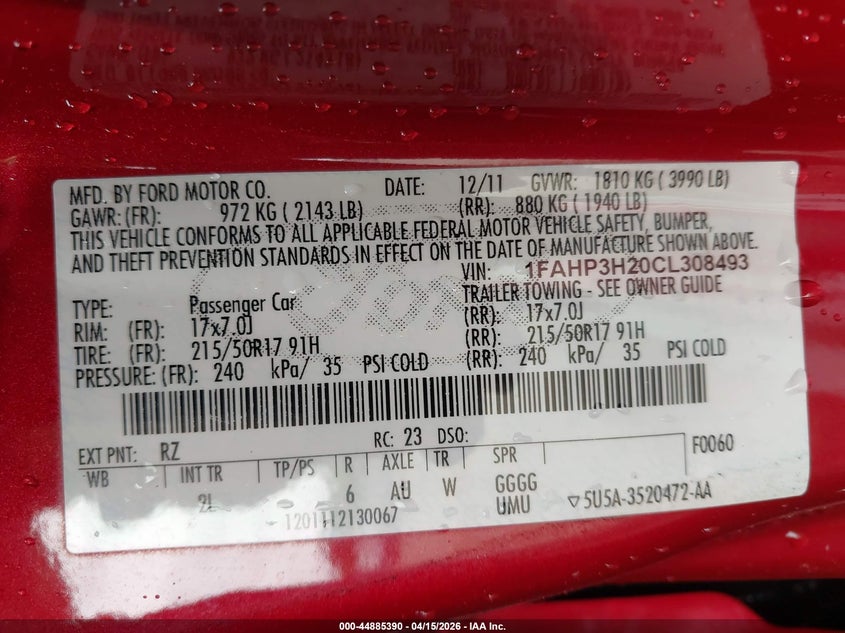 2012 Ford Focus Sel VIN: 1FAHP3H20CL308493 Lot: 44885390