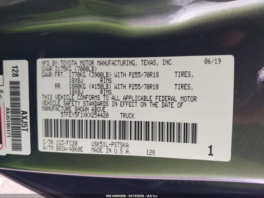 2019 Toyota Tundra Sr5 5.7L V8 VIN: 5TFEY5F1XKX254420 Lot: 44885488