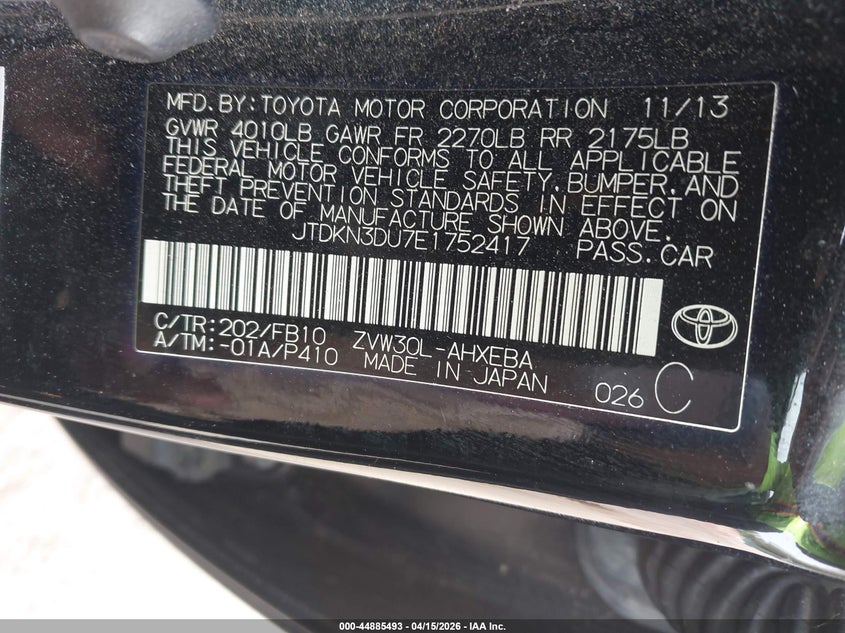 2014 Toyota Prius Two VIN: JTDKN3DU7E1752417 Lot: 44885493