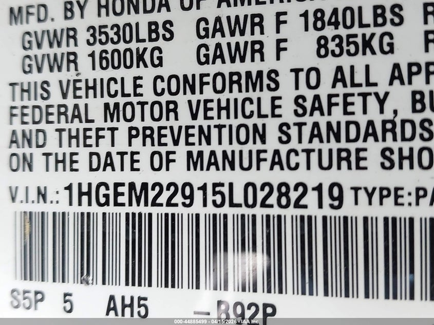 2005 Honda Civic Ex VIN: 1HGEM22915L028219 Lot: 44885499