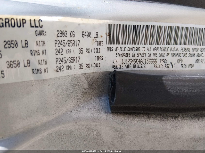 2010 Jeep Commander Sport VIN: 1J4RG4GK4AC156666 Lot: 44885521