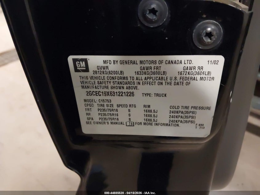 2003 Chevrolet Silverado 1500 Work Truck VIN: 2GCEC19X631221226 Lot: 44885528