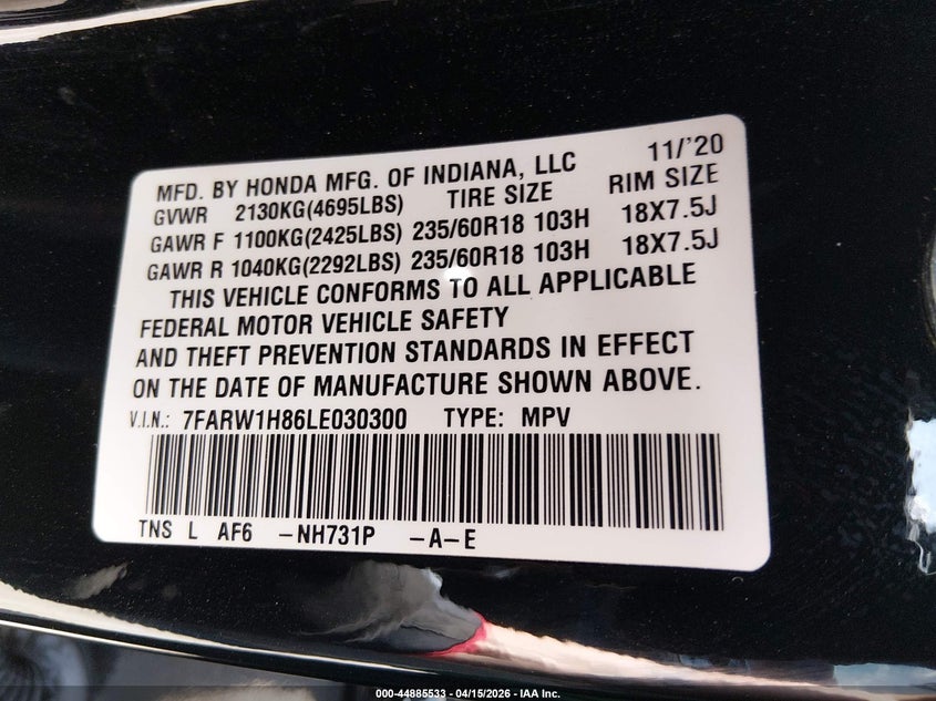 2020 Honda Cr-V 2Wd Ex-L VIN: 7FARW1H86LE030300 Lot: 44885533
