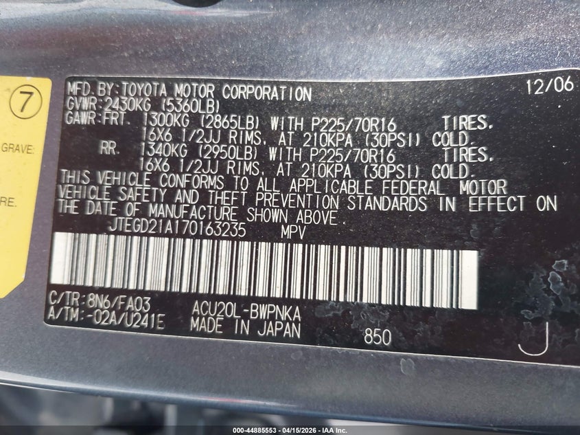 2007 Toyota Highlander VIN: JTEGD21A170163235 Lot: 44885553